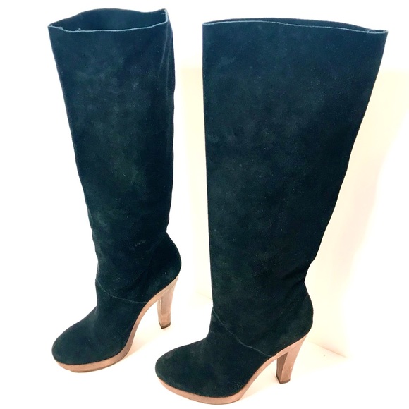 KORS Tall Black Suede Genuine Wood Platform Boots - Picture 10 of 15